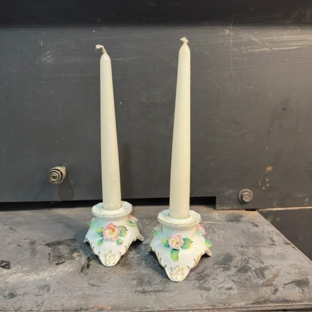Vintage Japan Porcelain Taper Candleholders Pair Roses Gold Gilt Cottagecore 3"